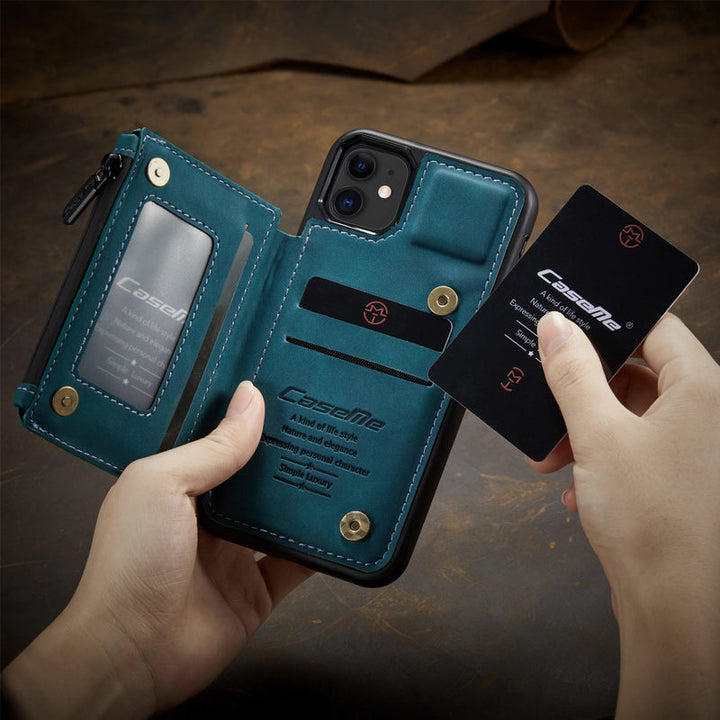 "Elegant herr flip fodral i svart PU-läder med korthållare, telefonstativ, skyddar telefon, sofistikerad design"