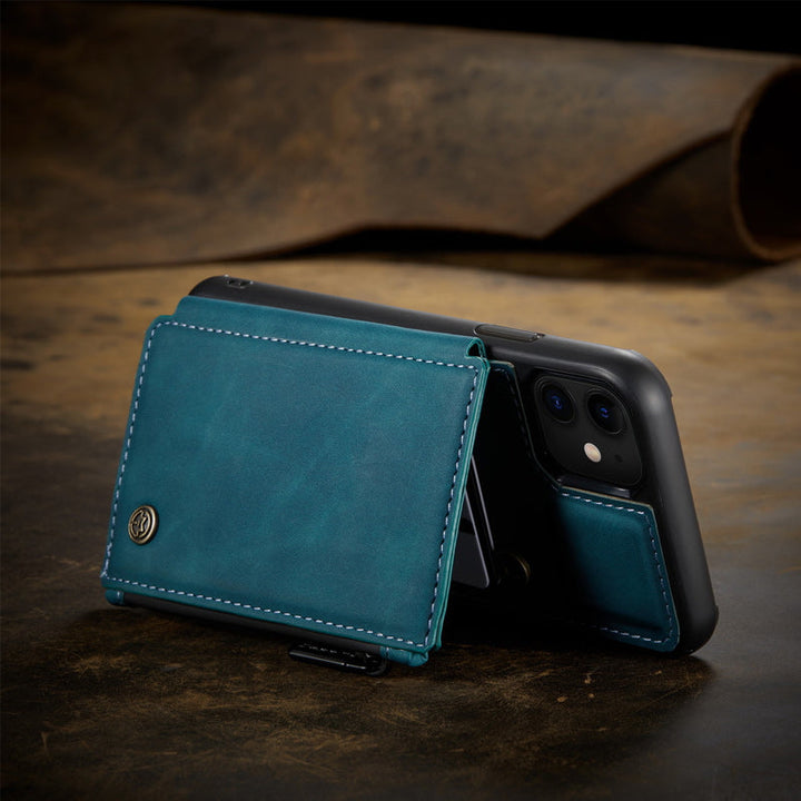 "Elegant herr flip fodral i svart PU-läder med korthållare, telefonstativ, skyddar telefon, sofistikerad design"