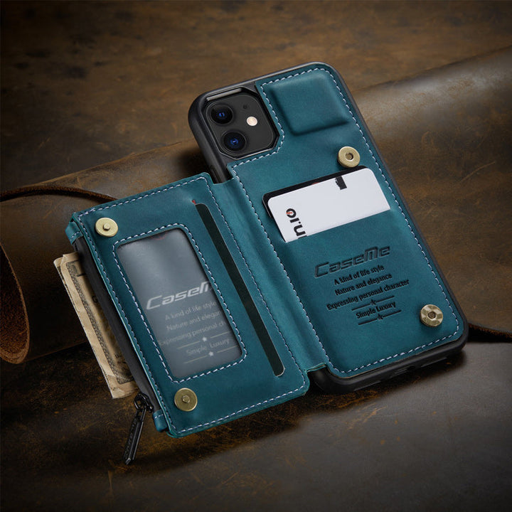 "Elegant herr flip fodral i svart PU-läder med korthållare, telefonstativ, skyddar telefon, sofistikerad design"