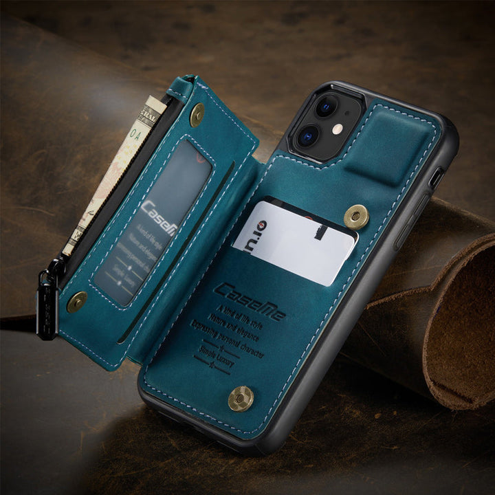 "Elegant herr flip fodral i svart PU-läder med korthållare, telefonstativ, skyddar telefon, sofistikerad design"