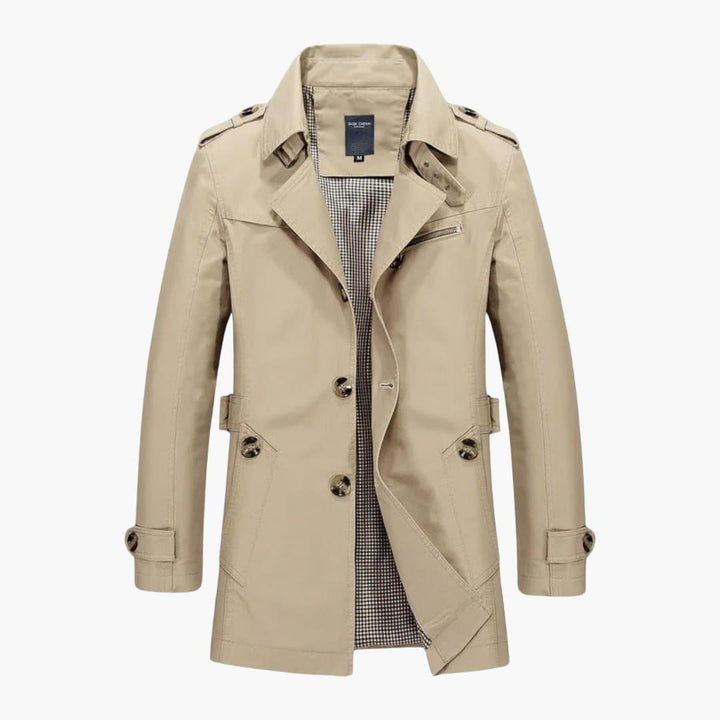 Elegant herr trenchcoat i klassisk beige färg. Perfekt ytterplagg för mode, vardag och formella tillfällen.