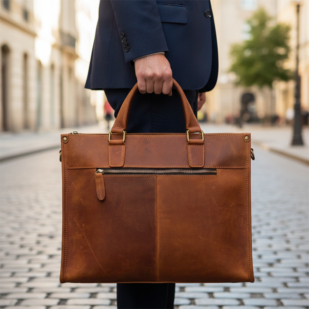 Elegant herr vintage laptopväska i brunt läder med axelrem. Praktisk datorväska för arbete och kontor.