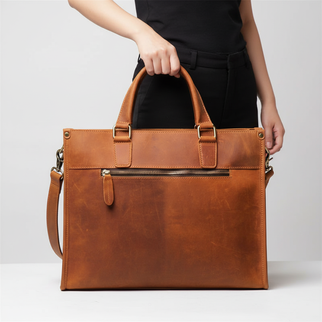 Öppen vintage herr portfölj i läder. Väl organiserad insida med fack för laptop, dokument och tillbehör.