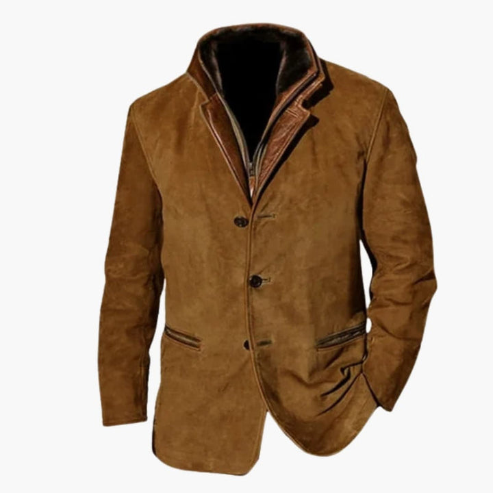 Elegant herrjacka med slagkrage och knappstängning för tidlös stil. Perfekt ytterplagg för män.