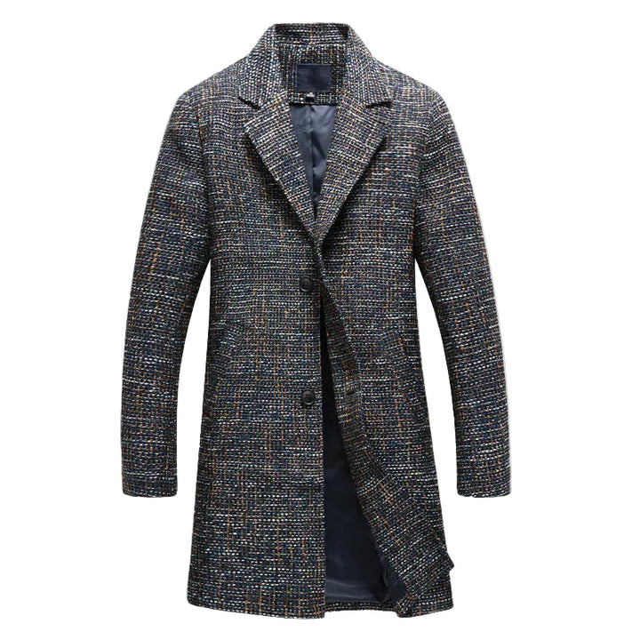 Elegant herrkappa i ull, klassisk svart design med tre knappar, perfekt för vinter och höst