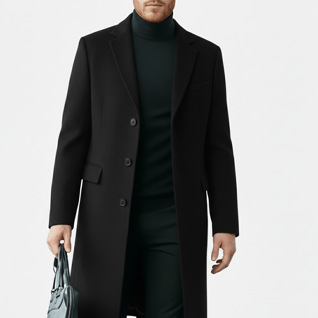Elegant långkappa för herrar, modell Phoenix. Ytterrock med knappslå, idealisk för kalla dagar.