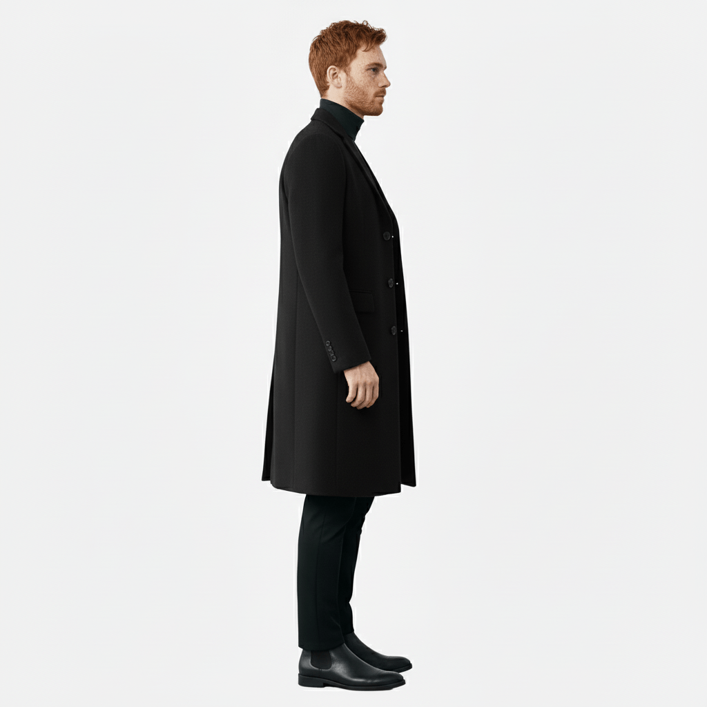 Modeinriktad lång herrkappa "Phoenix" med praktisk knappslå. Elegant ytterplagg för alla tillfällen.