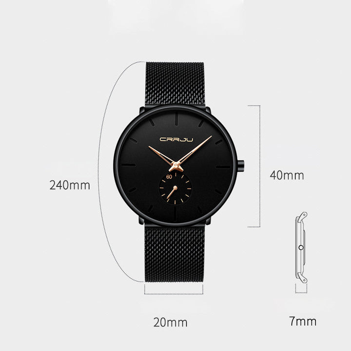 "Elegant herrklocka i rostfritt stål, frontvy. Vattentät design, reptåligt glas, lämplig för alla tillfällen."