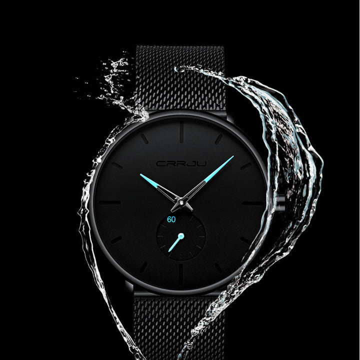 "Elegant herrklocka i rostfritt stål, frontvy. Vattentät design, reptåligt glas, lämplig för alla tillfällen."