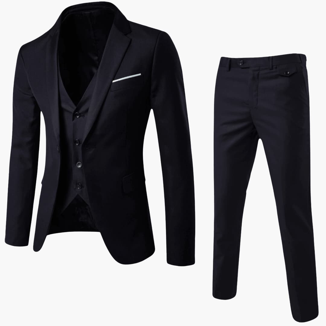 Elegant herrkostymset, smal passform. Tredelad kavaj, väst och byxor för bröllop och fest.