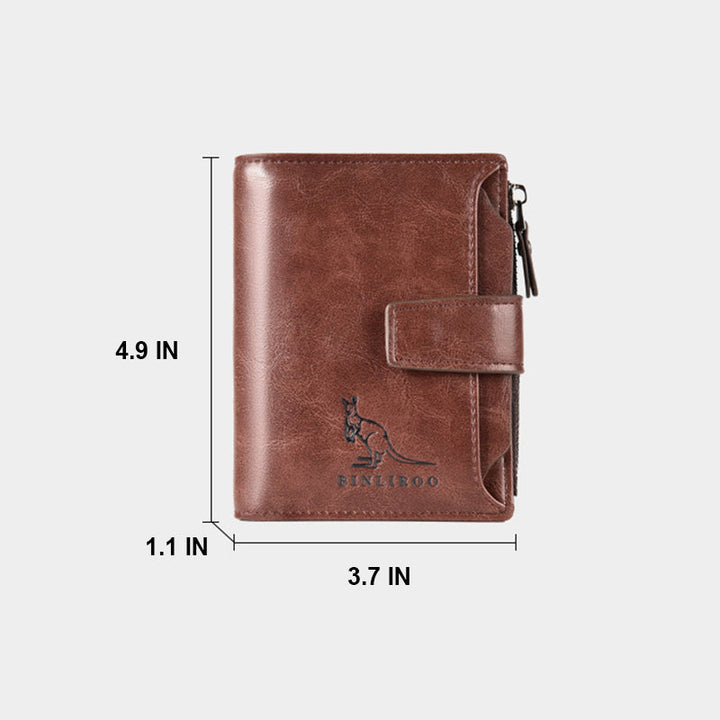 "Elegant herrplånbok med vintage look, RFID-skydd, kompakt design i högkvalitativt läder för stil och säkerhet."