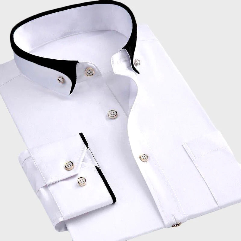Stilren business-skjorta för män, med unikt designad kontrastkrage och eleganta knappar för en sofistikerad look.