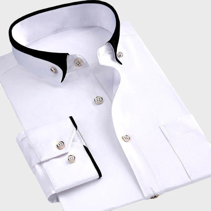 Stilren business-skjorta för män, med unikt designad kontrastkrage och eleganta knappar för en sofistikerad look.