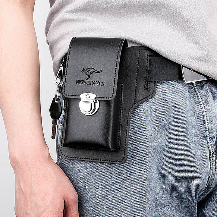 "Elegant herrtelefonhölster i brun PU-läder med bältesögla, perfekt för vardagsaktiviteter och hållbar användning."