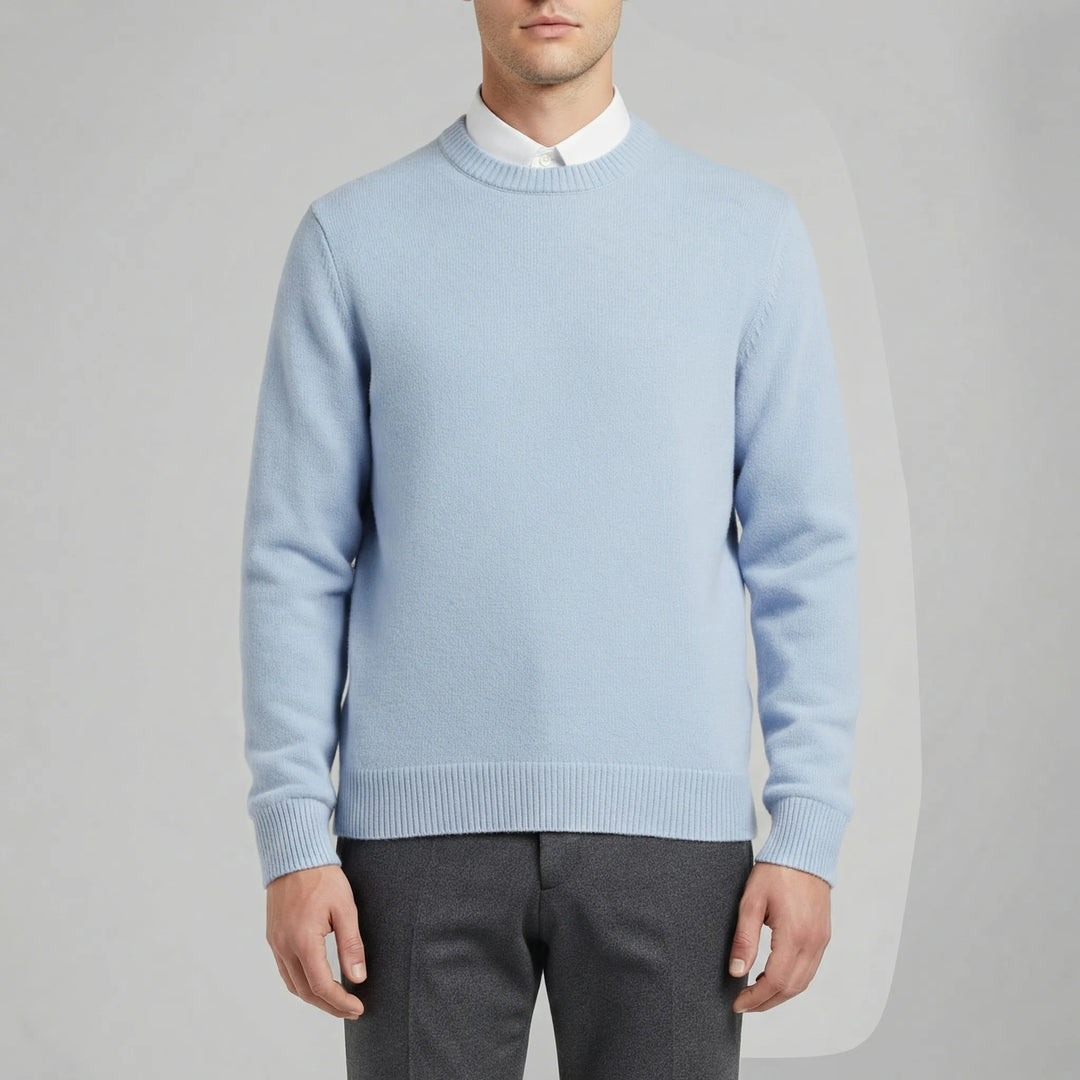 Baksidan av en klassisk rundhalsad herrtröja. Mjuk, stickad och bekväm för elegant vardagsstil.