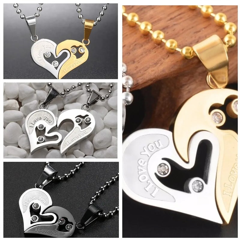 "Elegant hjärtformat silverhalsband med zirkonia för par, perfekt kärleksgåva med stilrena detaljer och gravering."