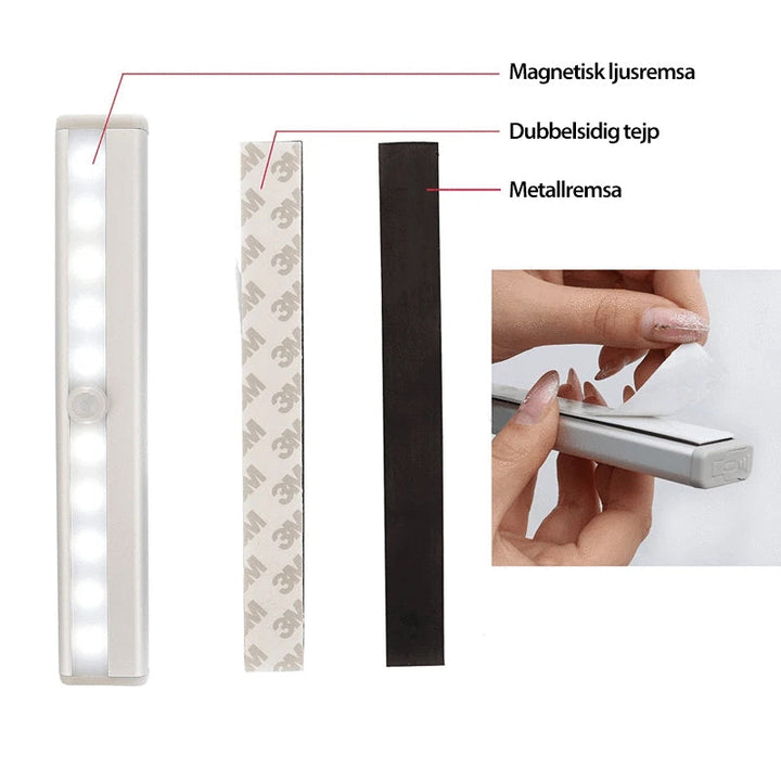 "Elegant induktions LED-skåpsljus med rörelsedetektor, avlång och smal, smidigt för inomhusbruk i skåp eller kök."