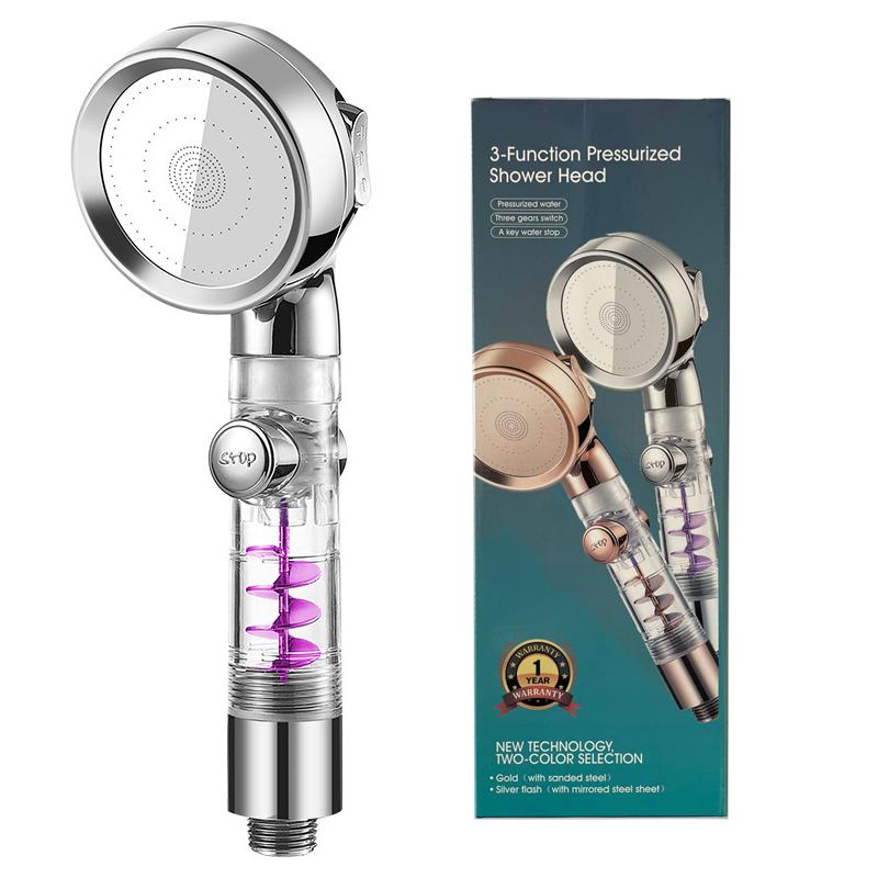 "Elegant justerbart duschmunstycke i guld/silver med högtrycksvattenbesparing och tre lägen för skräddarsydd duschupplevelse.