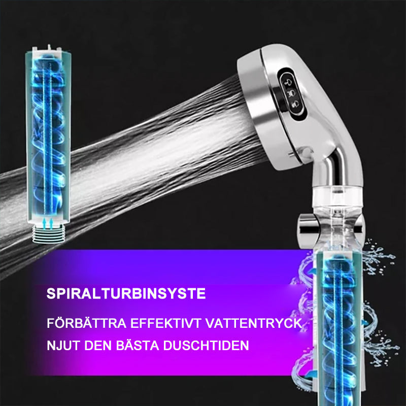 "Elegant justerbart duschmunstycke i guld/silver med högtrycksvattenbesparing och tre lägen för skräddarsydd duschupplevelse.