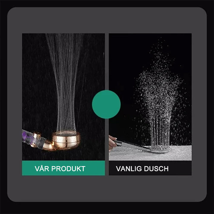 "Elegant justerbart duschmunstycke i guld/silver med högtrycksvattenbesparing och tre lägen för skräddarsydd duschupplevelse.