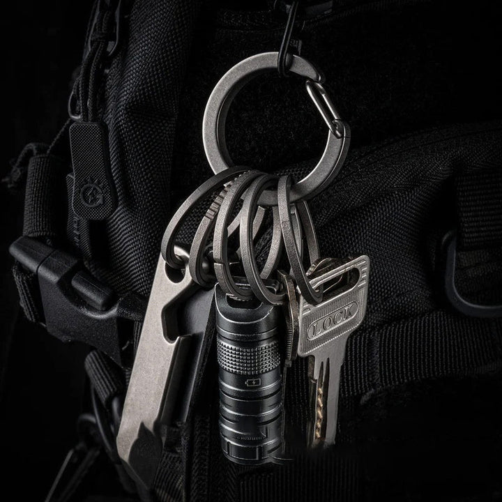 "Elegant karbinhake nyckelring i silver, rostfri metall; idealisk för mäns accessoarer, håller nycklar organiserade."