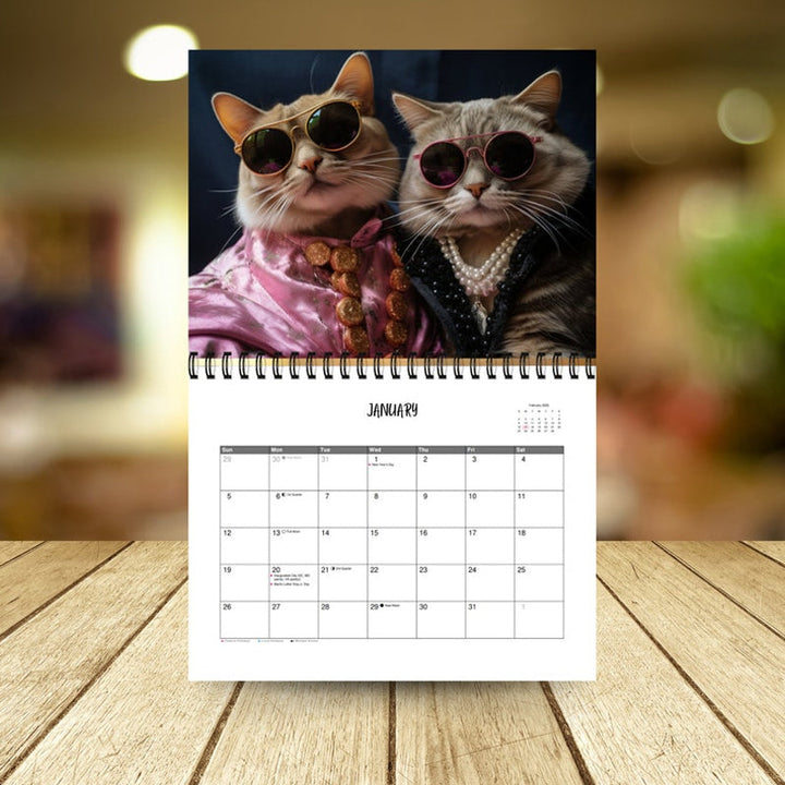 Elegant katt i haute couture outfit från 2025 Mode Kattkalender; perfekt för kattälskare som värdesätter stil.