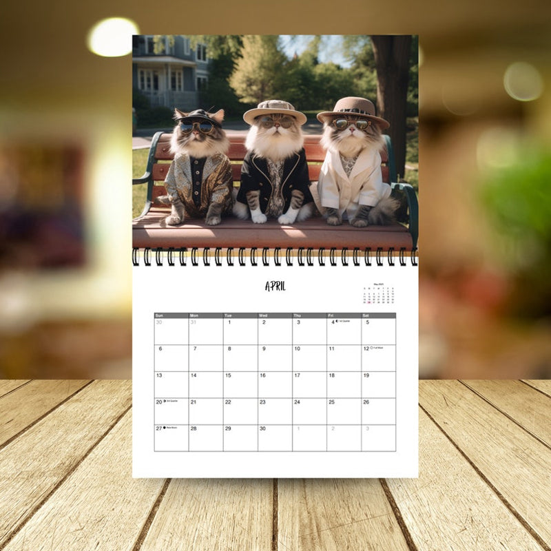 Elegant katt i haute couture outfit från 2025 Mode Kattkalender; perfekt för kattälskare som värdesätter stil.