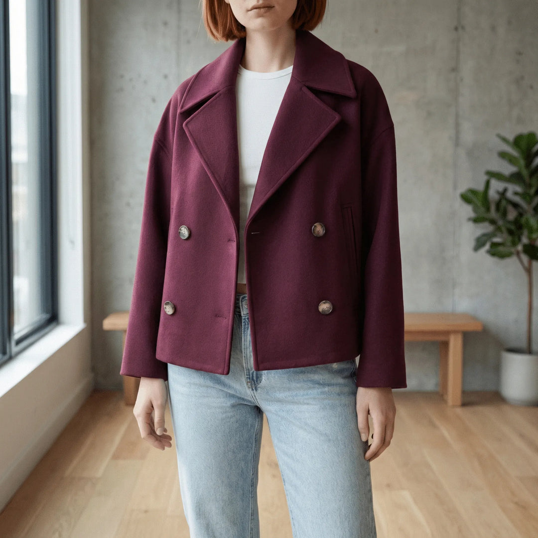 Elegant kort damjacka med dubbelknäppning. Perfekt för vardagsstil och kontor.