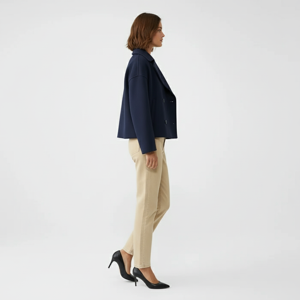 Chic kort dubbelknäppt kavaj som enkelt klär upp vilken vardagslook som helst.