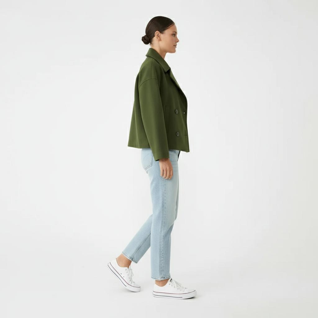 Ryggsida av stilren kort jacka 'Jessica', dubbelknäppt design för kvinnor.