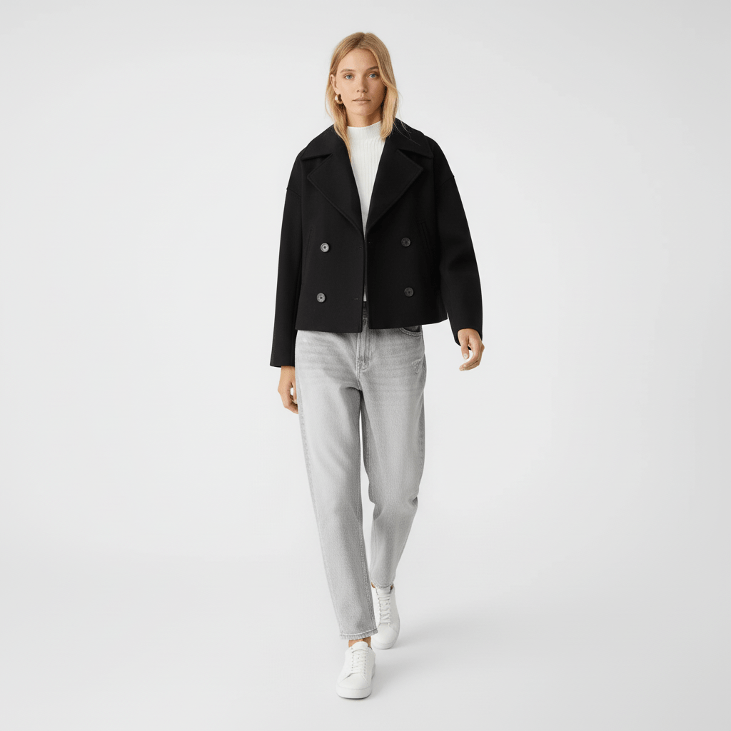 Trendig kort blazer/kavaj med dubbelknäppning för en chic höst- och vårlook.