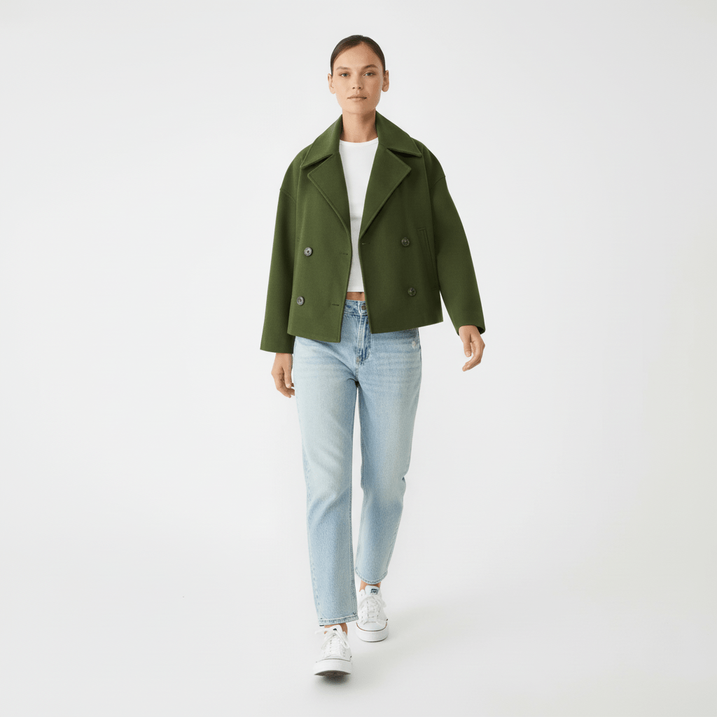 Elegant kortjacka med dubbelknäppning, ger en sofistikerad stil till din outfit.