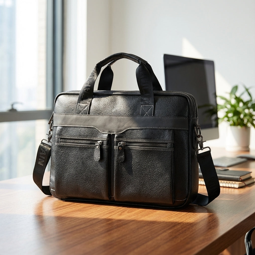 Elegant äkta läder UrbanSling laptopväska unisex, skyddar din dator med stil.