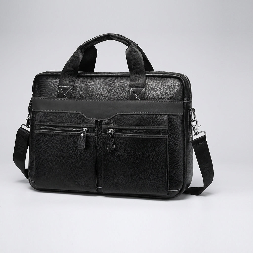 Praktisk unisex laptopväska i läder, idealisk som elegant arbetsväska eller portfölj.