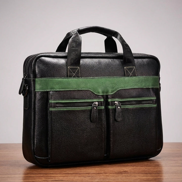 Närbild på UrbanSling läder laptopväska, visar robusta dragkedjor och eleganta detaljer.