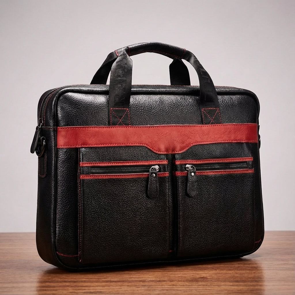 En person bär UrbanSling unisex axelremsväska i läder, perfekt för stilfull jobbpendling.