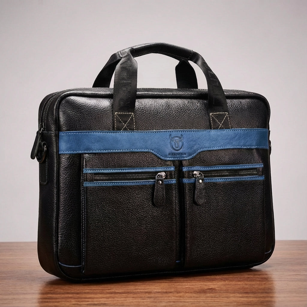 Insidan av UrbanSling läder laptopväska med fack för laptop, dokument och tillbehör.