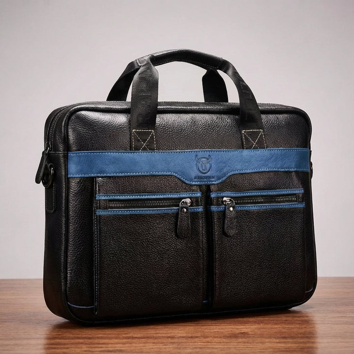 Insidan av UrbanSling läder laptopväska med fack för laptop, dokument och tillbehör.