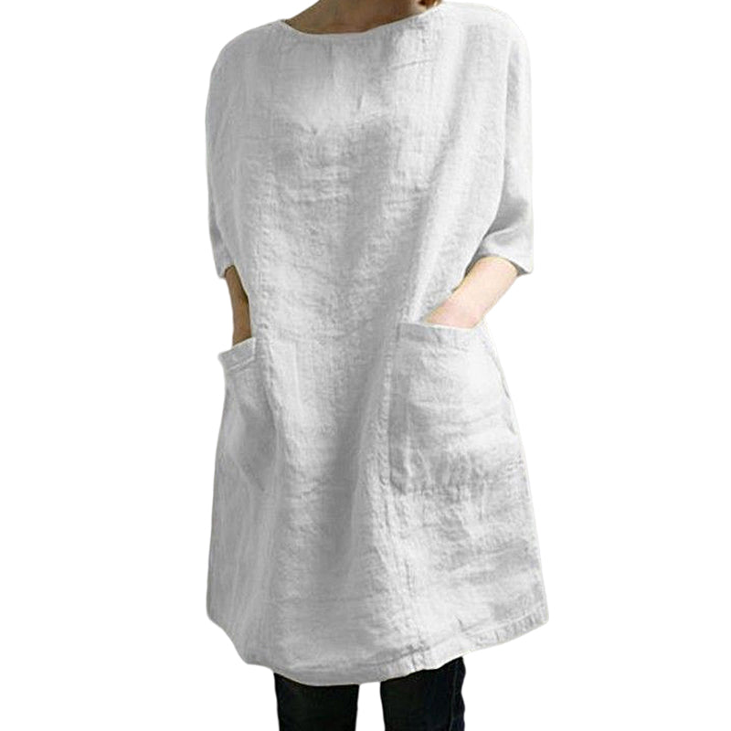 "Elegant kvinnoklänning i bomull-linne, rund hals, knälång, vårig design, drop shoulder ärmar, bekväm passform."