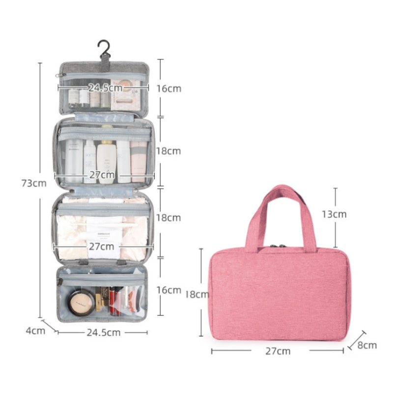 "Elegant kvinnors necessär med 4 fack, hängkrok, mjukt material, svart och rosa färgval, för resor och organisering."