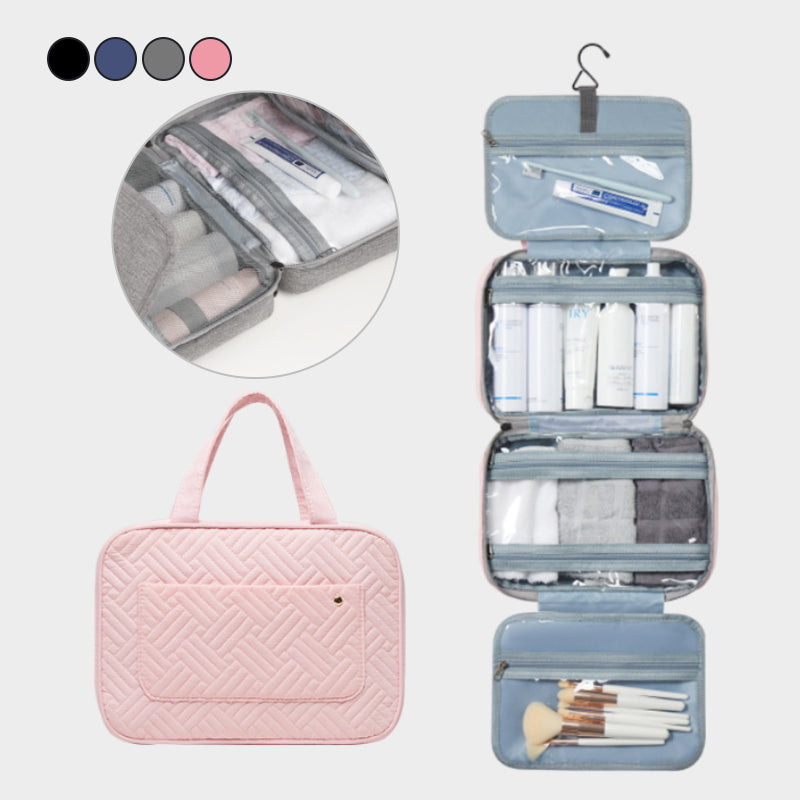 "Elegant kvinnors necessär med 4 fack, hängkrok, mjukt material, svart och rosa färgval, för resor och organisering."