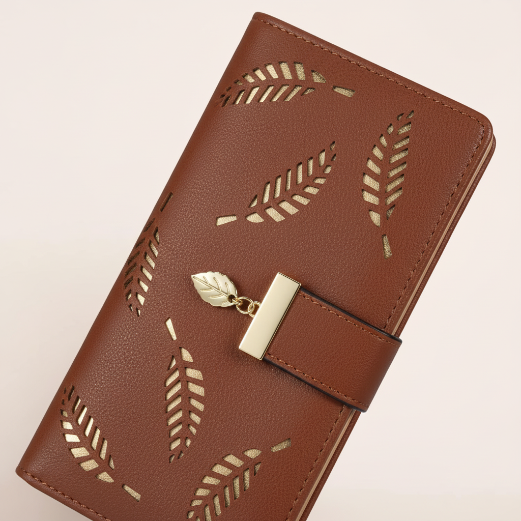 Läderplånbok LeafWallet för dam. Elegant bladmotiv, säker förvaring av kort och kontanter.