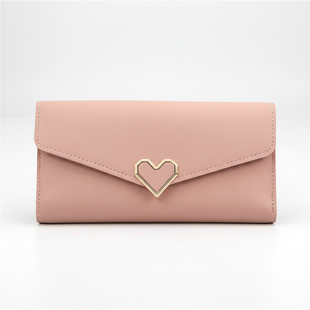 Elegant lång damplånbok i PU-läder med tydlig hjärtdetalj, en modern modeaccessoar.