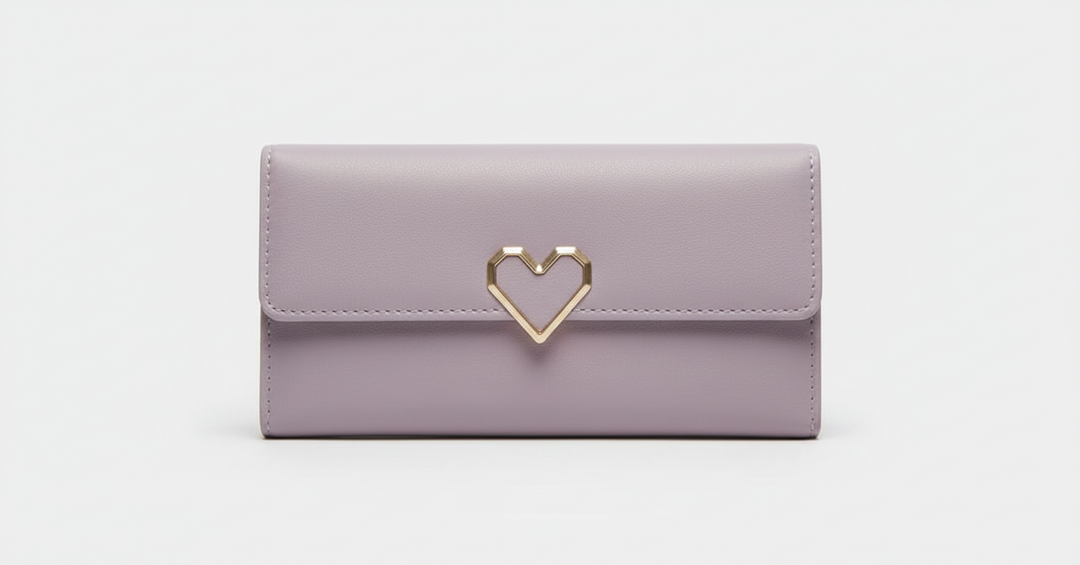 Lång damplånbok med fokus på kortfack, elegant PU-läder med diskret hjärta.