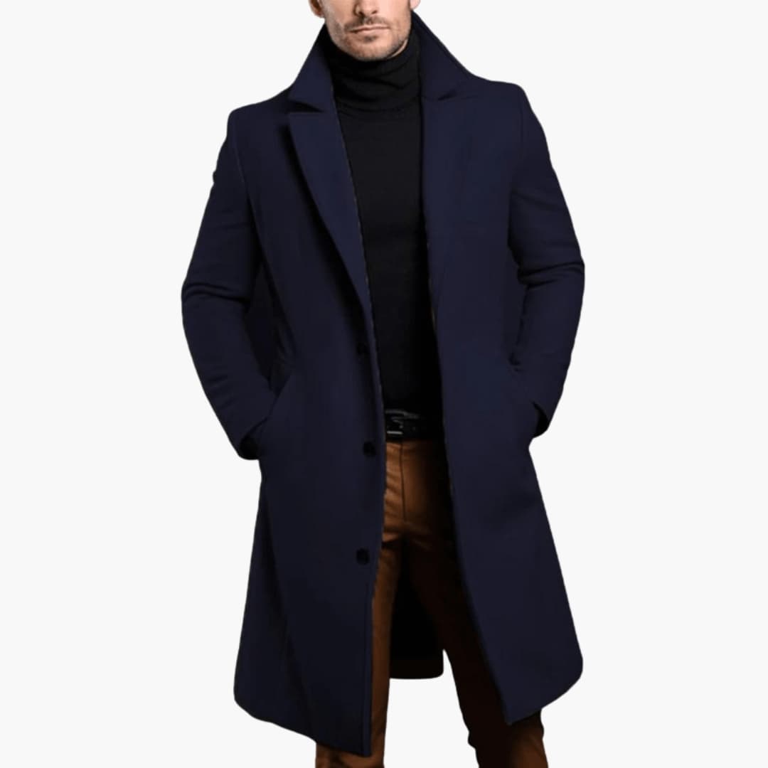 Tidlös herr vinterkappa i klassisk design. Lång kappa för män med stilren slagkrage.