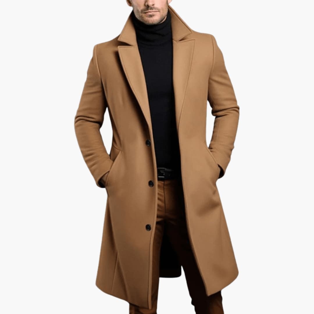 Snygg lång kappa för män, perfekt som ytterplagg. Varm och elegant vinterkappa med slagkrage.