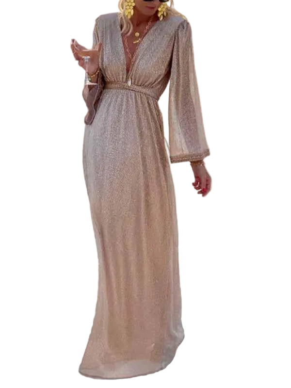 Elegant lång klänning med paljetter för kvinnor, V-ringad, perfekt som festklänning eller aftonklänning.