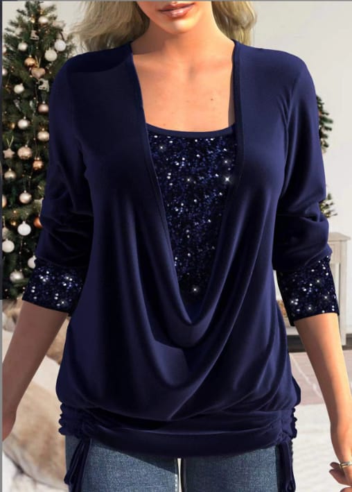 Bekväm och elegant damblus, långärmad med all-over paljetter för festlig känsla