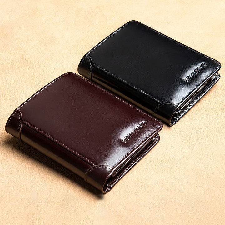 Elegant läderplånbok för män med 11 kortplatser, 2 ID-fönster, äkta läder, stilren design i blå, brun, kaki, svart.