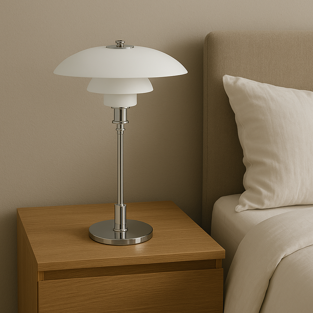 Dimbar LED-bordslampa av glas och järn. Elegant lösning för mysig belysning i hemmet.